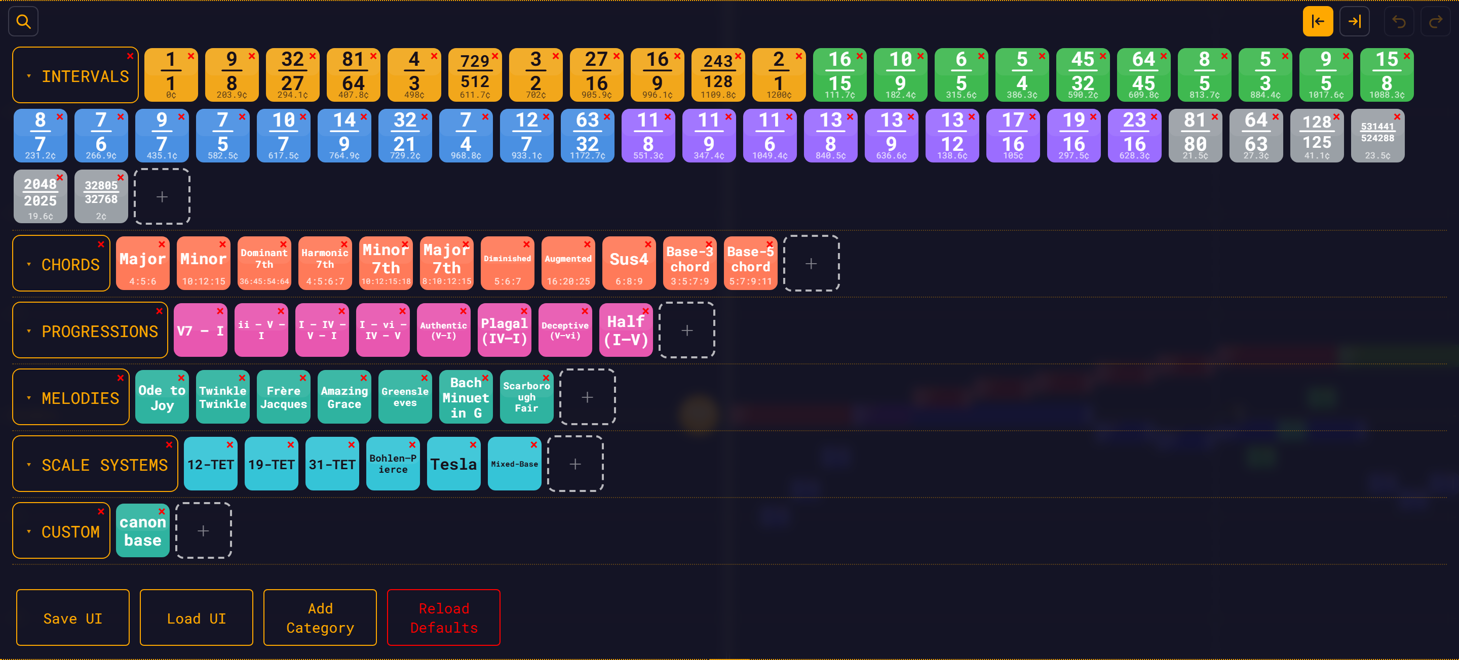 The module bar under the top bar, showing the search magnifier, the Start/End drop-mode buttons and the undo/redo buttons in its toolbar row and rows of coloured module tiles grouped by section