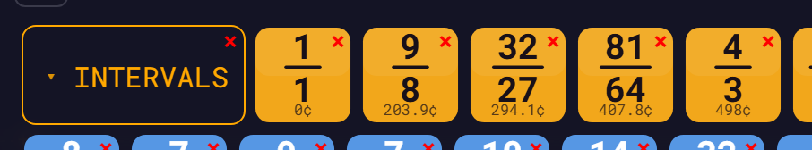 Module library tiles: coloured squares showing stacked fractions with cents for intervals, chord names with colon ratios, and wrapped names for melodies and scales