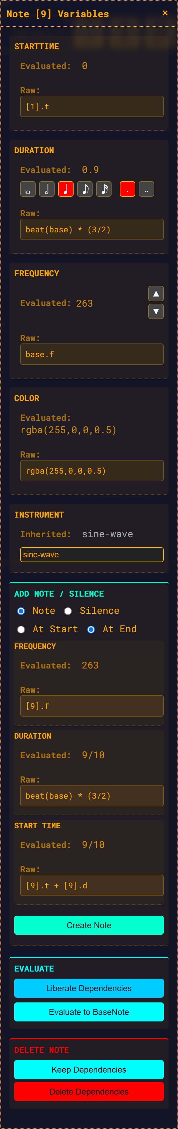 The note widget open on a note, showing the evaluated and raw value of each variable