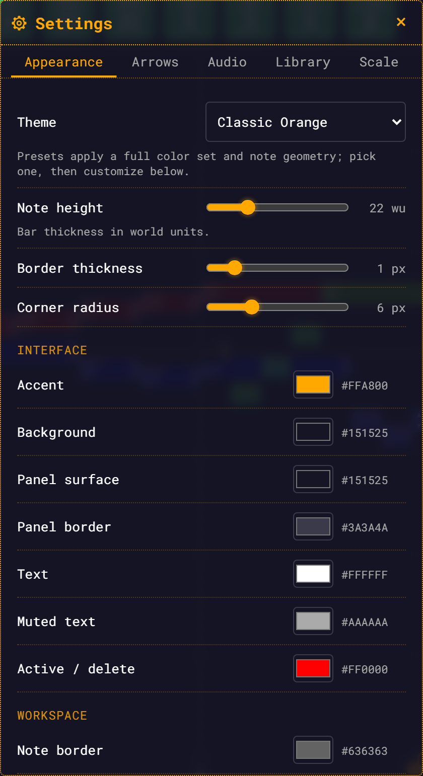 The Settings panel open on the Appearance tab, showing the Theme dropdown, the three note-geometry sliders and the colour pickers grouped under Interface, Workspace and Dependency highlights