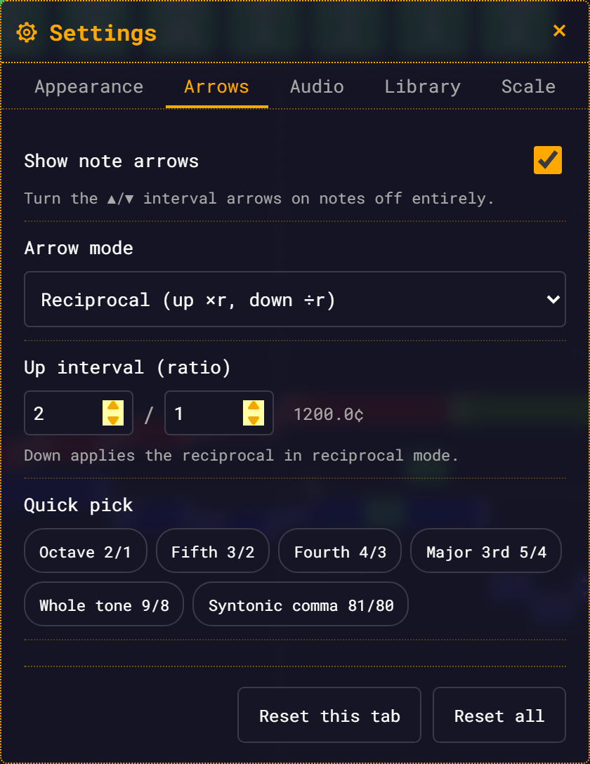 The Settings panel open on the Arrows tab, showing the Show note arrows toggle, the Arrow mode dropdown, the up-interval ratio fields with a cents readout, and the quick-pick interval chips