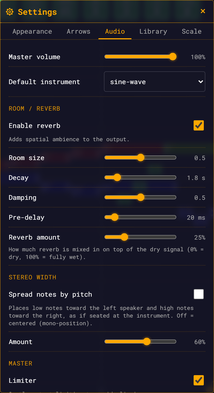 The Settings panel, Audio tab: master volume, default instrument, the reverb section, stereo width, and the limiter