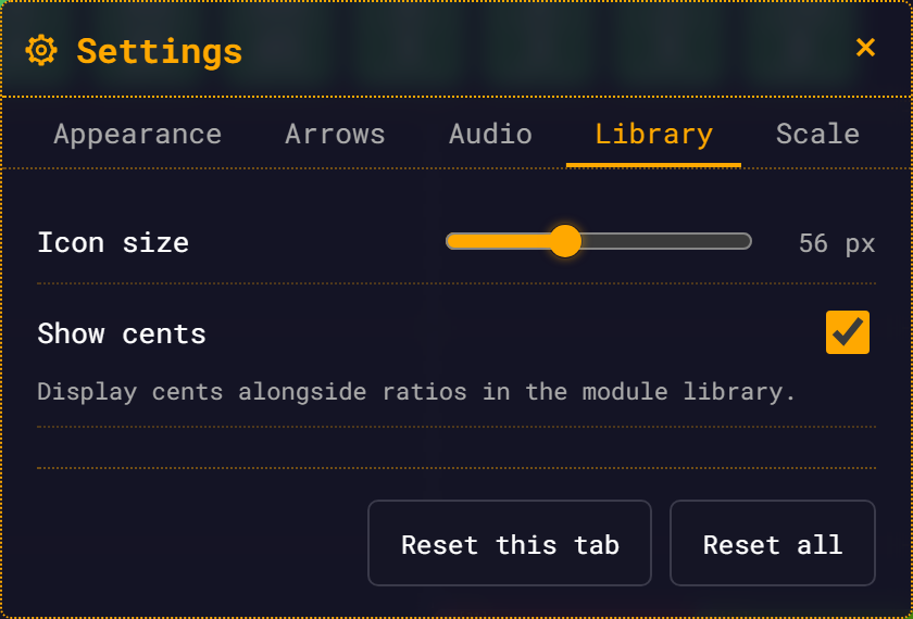 The Settings panel open on the Library tab, showing the Icon size slider and the Show cents toggle