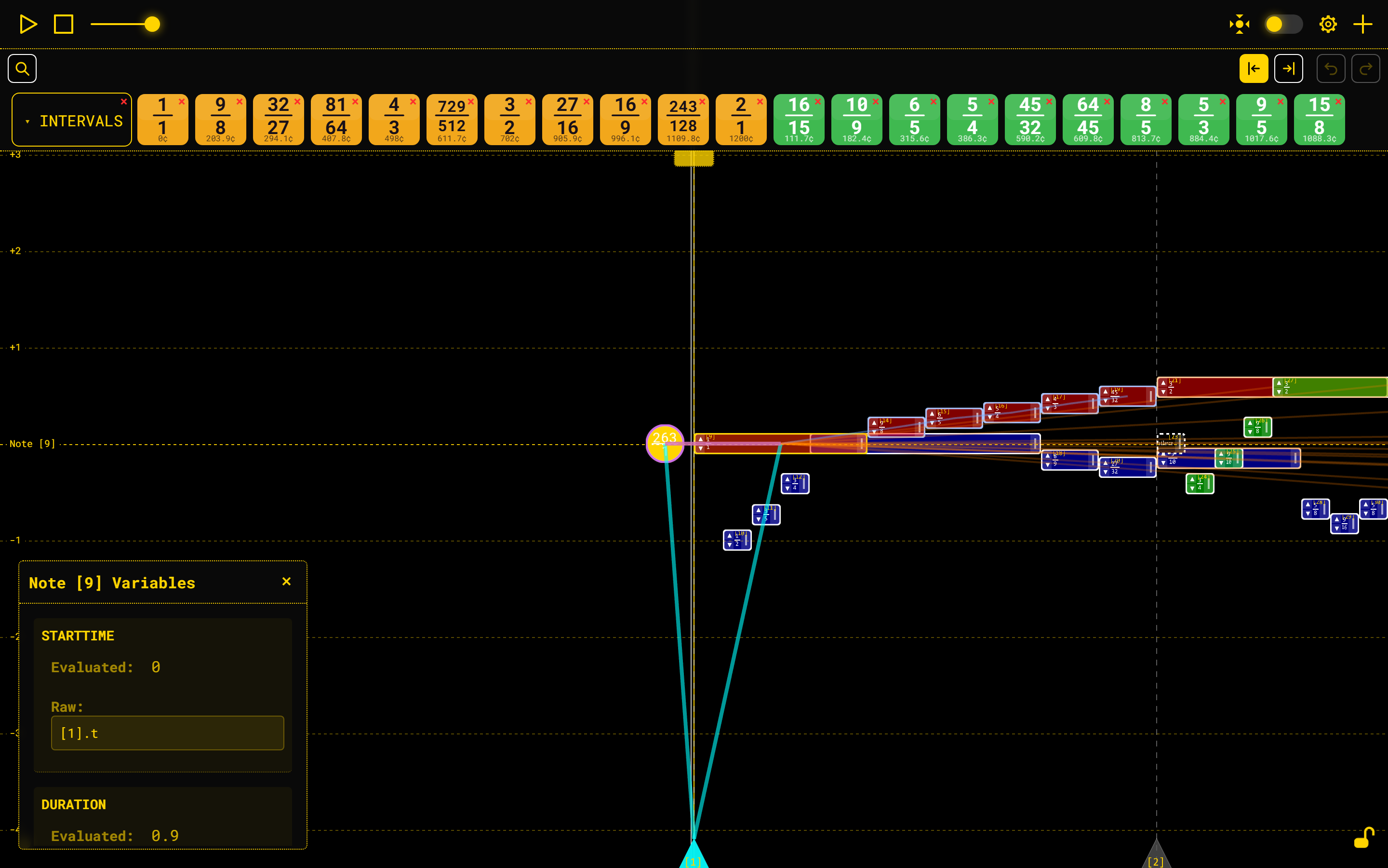 The workspace and top bar in the High Contrast theme: pure black background with white note borders and a yellow accent